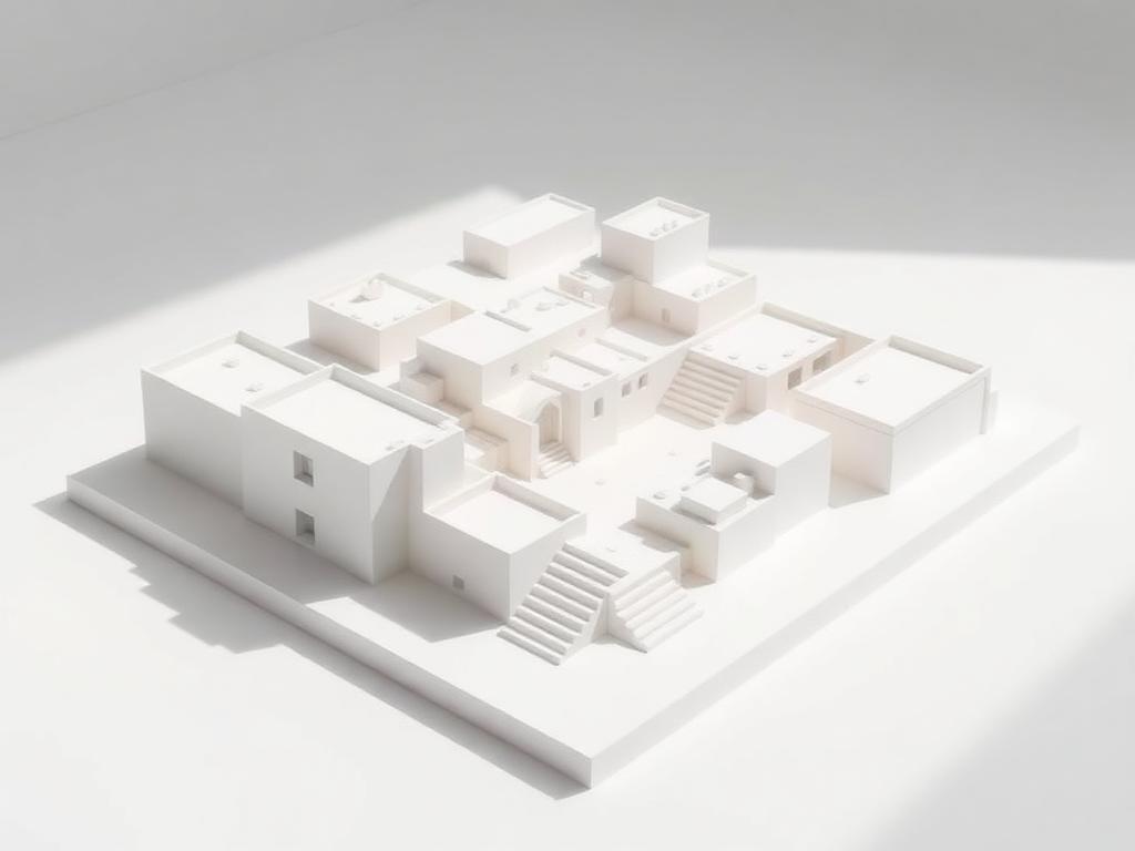 White architectural massing study model with courtyards and setbacks