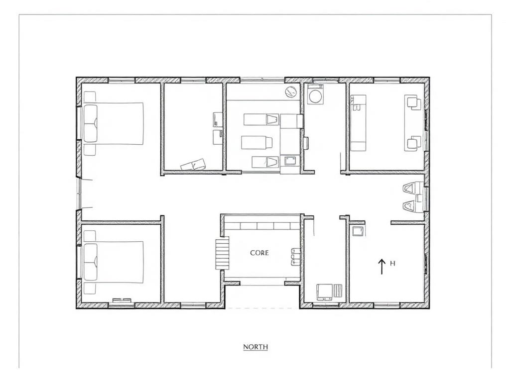 Concept-level architectural floor plan with circulation spine and core