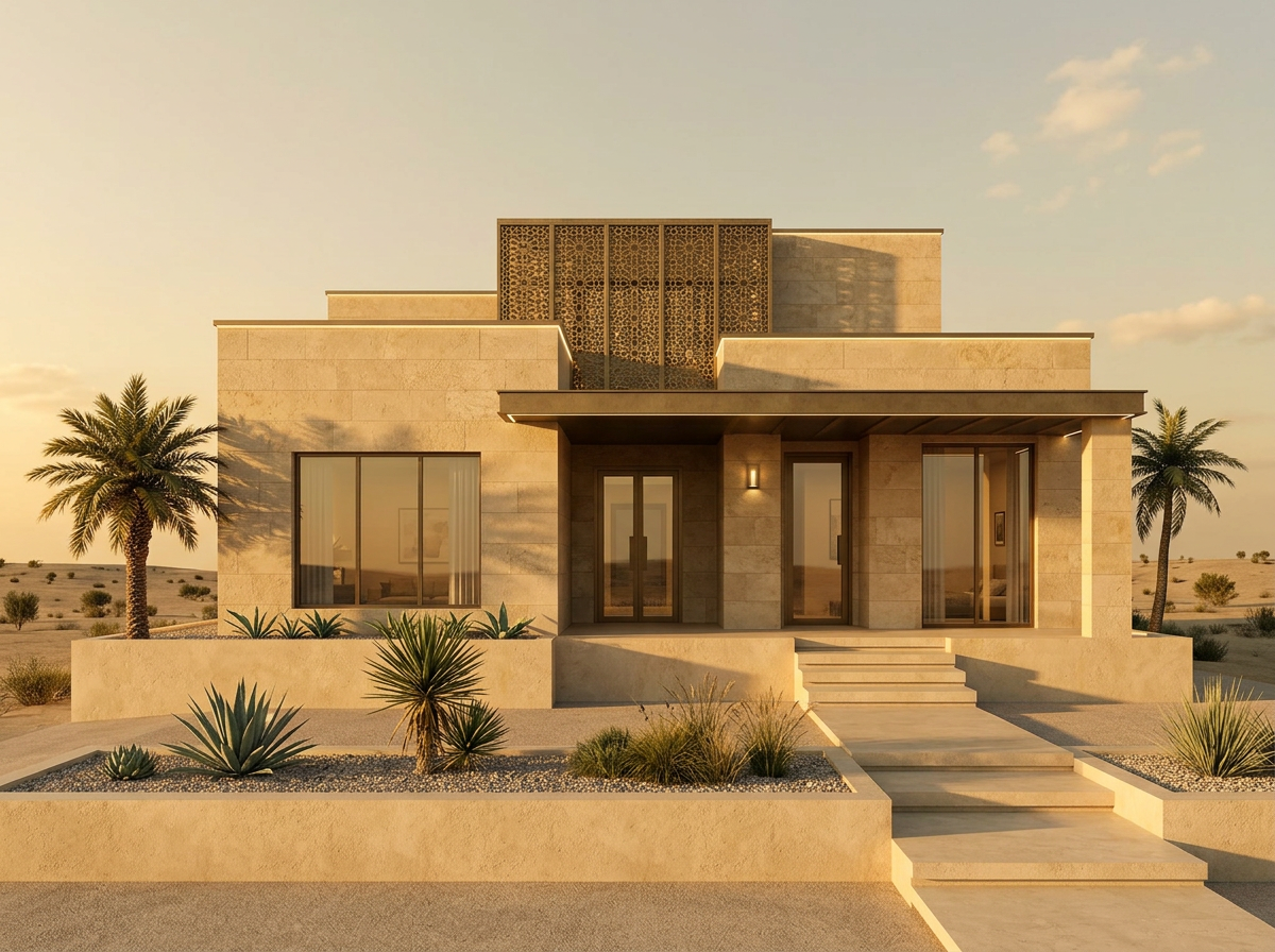 Photorealistic Arches render of the same single-storey villa in limestone with a brass mashrabiya panel and desert landscaping