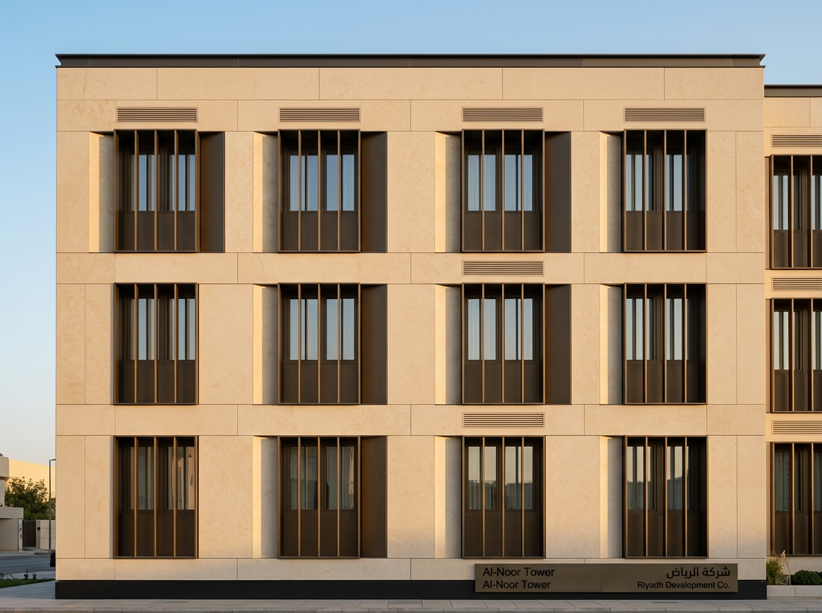 Restyled façade clad in limestone with recessed bronze window boxes, vertical fins, concealed vents and building signage