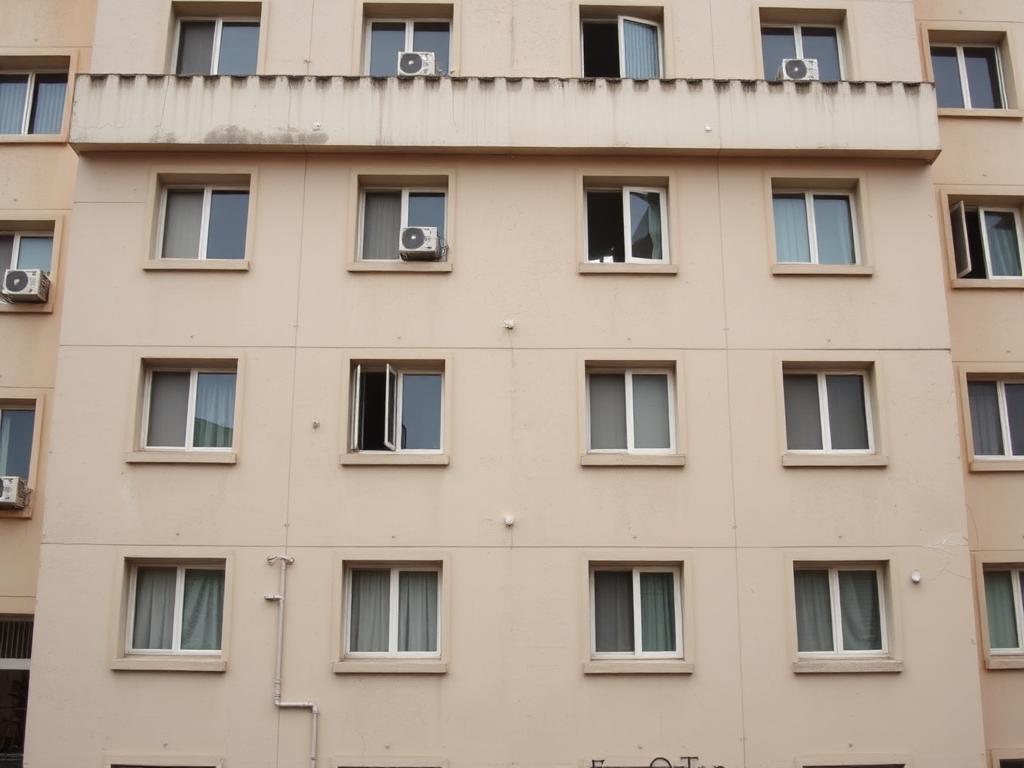 Dated beige apartment façade with punched windows and surface-mounted air-conditioning units