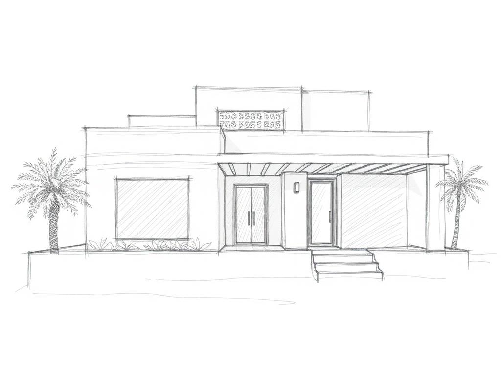 Hand-drawn pencil elevation of a single-storey Saudi villa with stepped parapets, entrance canopy and palms